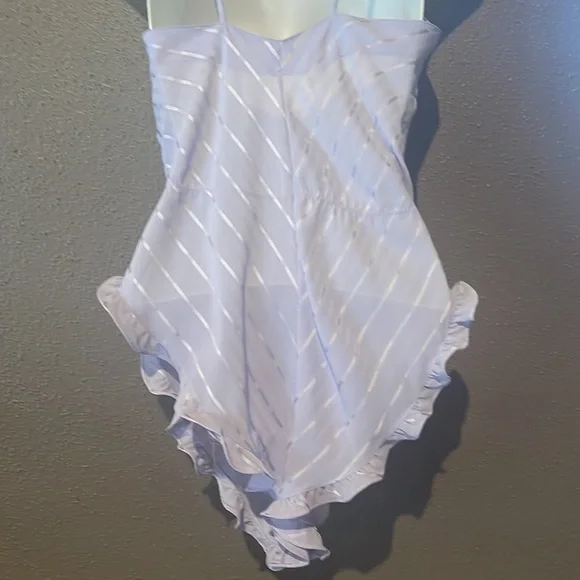 Vintage Barbizon Sheer Lavender Jacquard Stripe Ruffle Trim Teddy